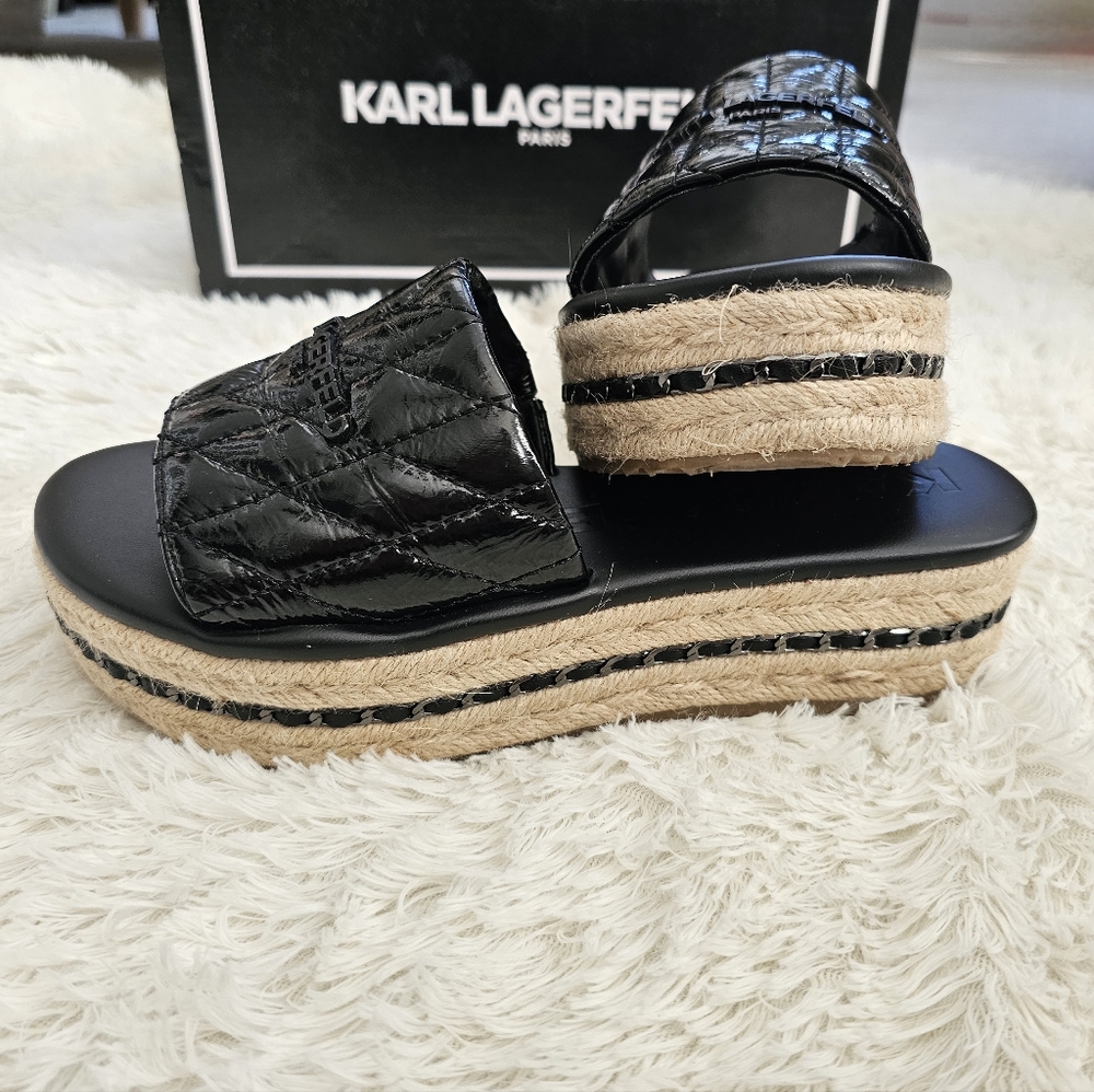 Karl Lagerfeld Paris Black Kamara Style Logo Puffy Quilt Espadrille Sandals